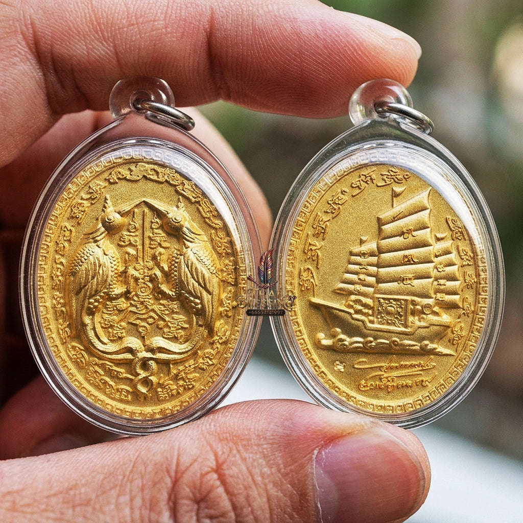 Authentic Thai Twin Salika & Junk Ship Amulet "Sa Rika Khu BE 2561" - Gold Plated Wealth & Charm Medallion - Consecrated by Kruba Krissana Wat Weluwan (3.5x3.0cm) Thai Blessing Co By RURUECHA