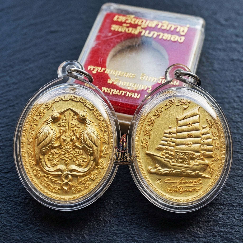 Authentic Thai Twin Salika & Junk Ship Amulet "Sa Rika Khu BE 2561" - Gold Plated Wealth & Charm Medallion - Consecrated by Kruba Krissana Wat Weluwan (3.5x3.0cm) Thai Blessing Co By RURUECHA