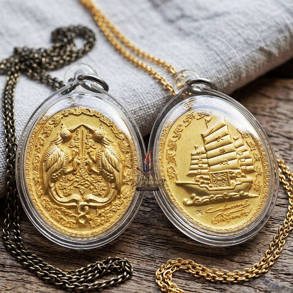 Authentic Thai Twin Salika & Junk Ship Amulet "Sa Rika Khu BE 2561" - Gold Plated Wealth & Charm Medallion - Consecrated by Kruba Krissana Wat Weluwan (3.5x3.0cm) Thai Blessing Co By RURUECHA