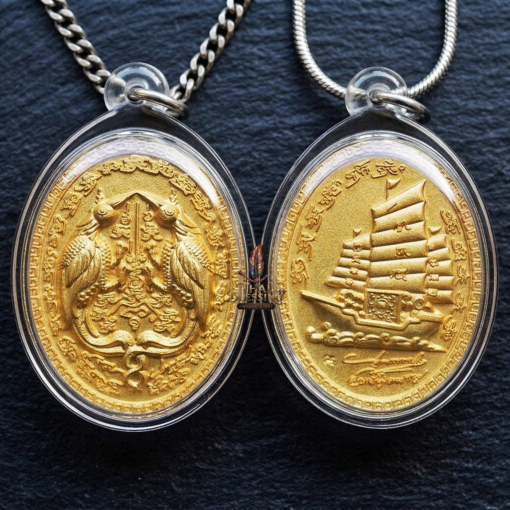 Authentic Thai Twin Salika & Junk Ship Amulet "Sa Rika Khu BE 2561" - Gold Plated Wealth & Charm Medallion - Consecrated by Kruba Krissana Wat Weluwan (3.5x3.0cm) Thai Blessing Co By RURUECHA