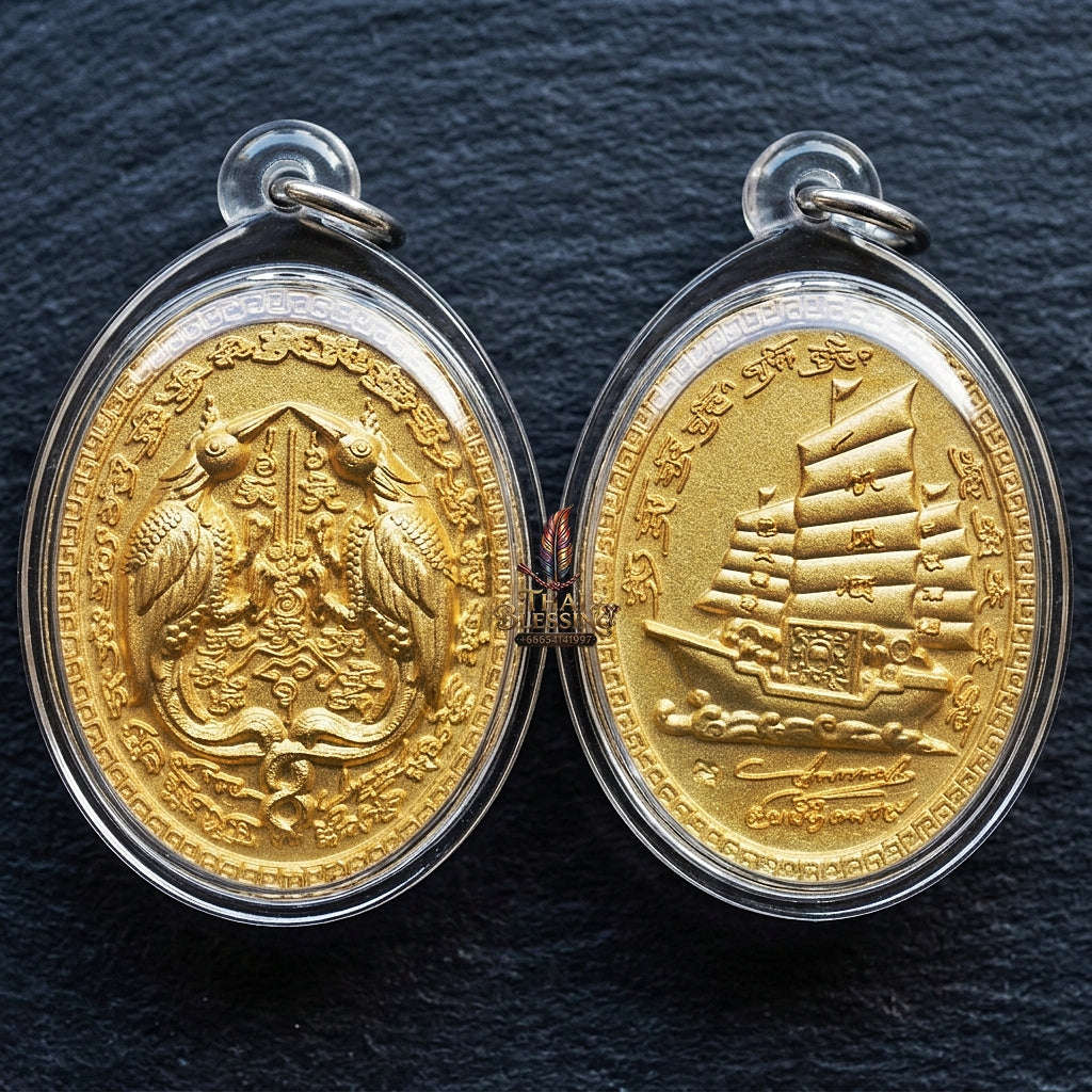 Authentic Thai Twin Salika & Junk Ship Amulet "Sa Rika Khu BE 2561" - Gold Plated Wealth & Charm Medallion - Consecrated by Kruba Krissana Wat Weluwan (3.5x3.0cm) Thai Blessing Co By RURUECHA