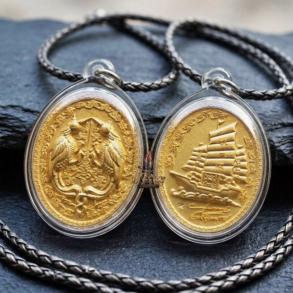 Authentic Thai Twin Salika & Junk Ship Amulet "Sa Rika Khu BE 2561" - Gold Plated Wealth & Charm Medallion - Consecrated by Kruba Krissana Wat Weluwan (3.5x3.0cm) Thai Blessing Co By RURUECHA