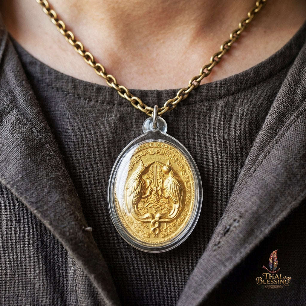 Authentic Thai Twin Salika & Junk Ship Amulet "Sa Rika Khu BE 2561" - Gold Plated Wealth & Charm Medallion - Consecrated by Kruba Krissana Wat Weluwan (3.5x3.0cm) Thai Blessing Co By RURUECHA