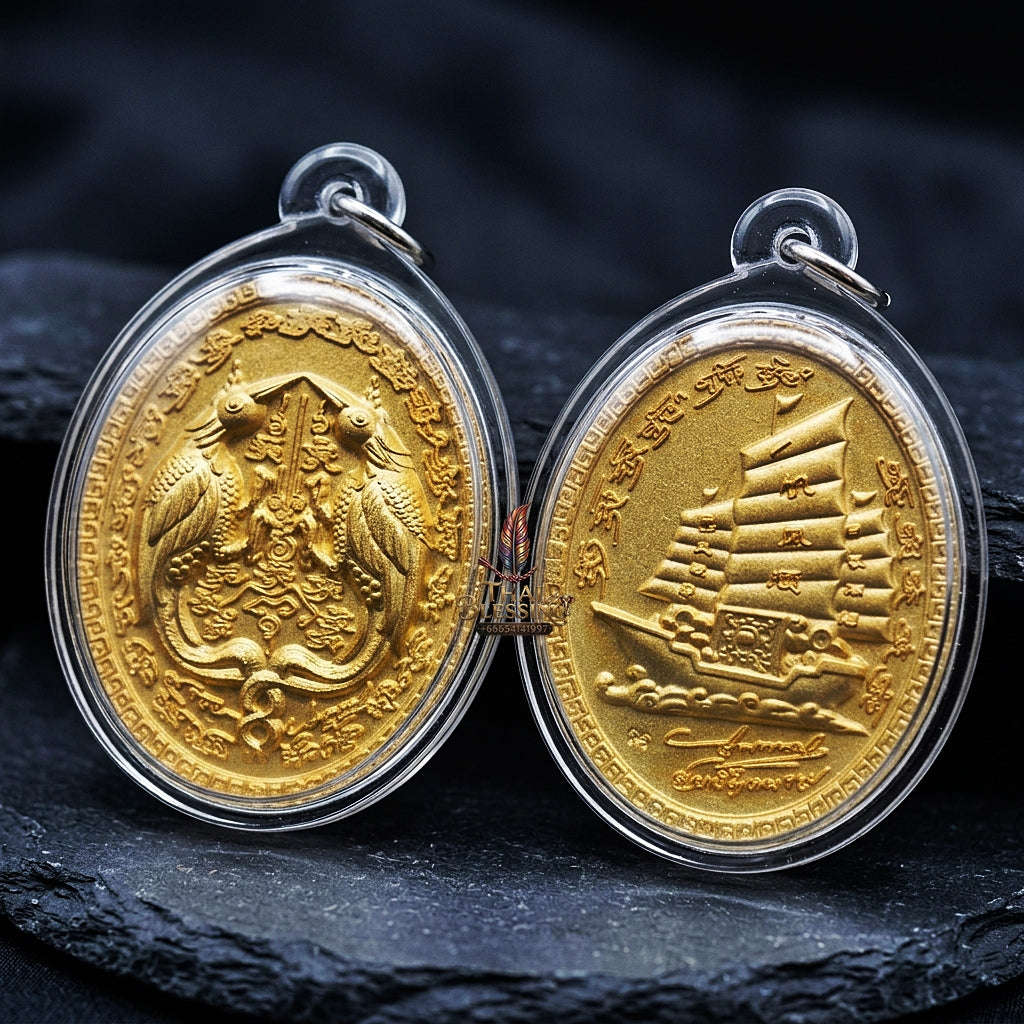 Authentic Thai Twin Salika & Junk Ship Amulet "Sa Rika Khu BE 2561" - Gold Plated Wealth & Charm Medallion - Consecrated by Kruba Krissana Wat Weluwan (3.5x3.0cm) Thai Blessing Co By RURUECHA