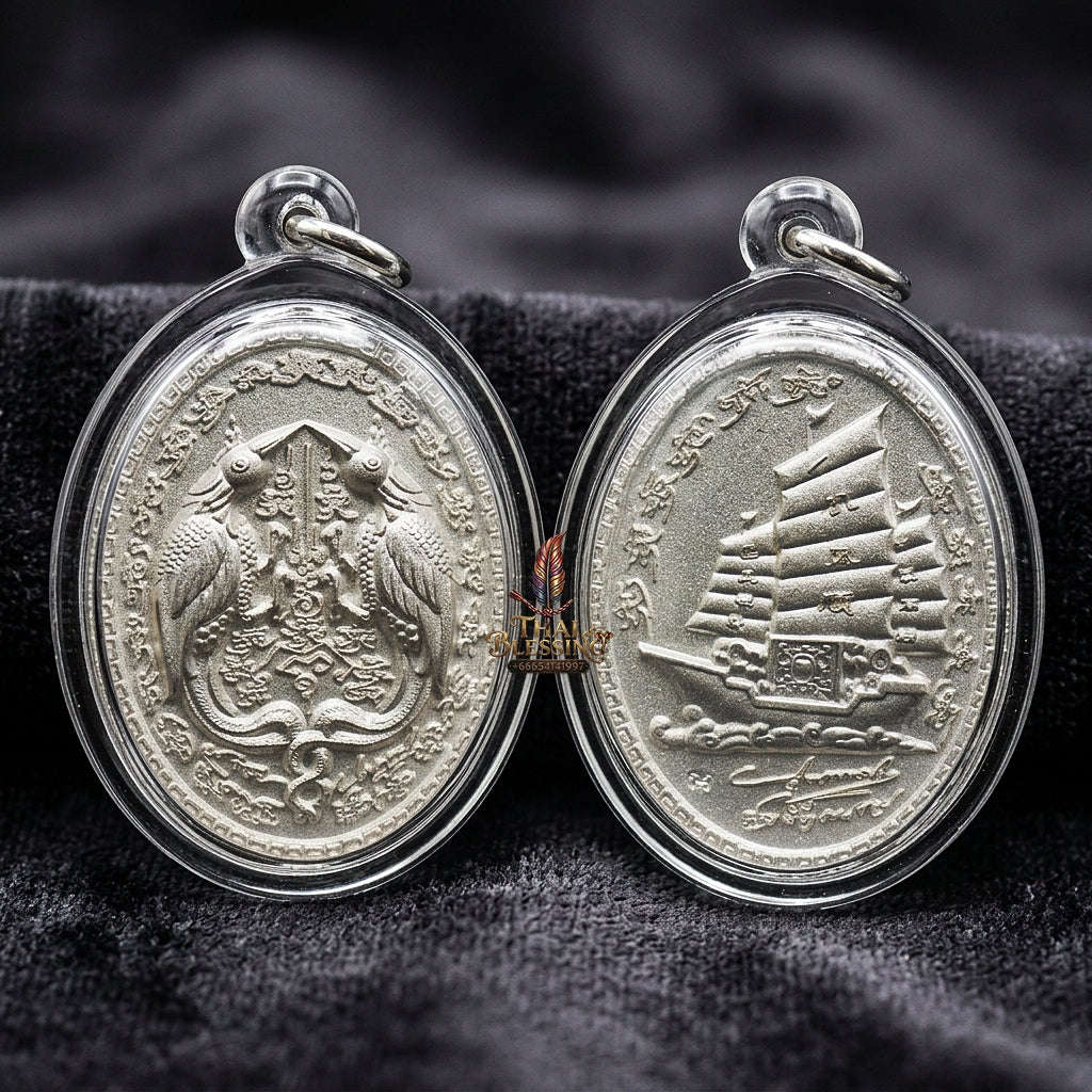 Authentic Thai Twin Salika & Junk Ship Amulet "Sa Rika Khu BE 2561" - Silver Plated Wealth & Charm Medallion - Consecrated by Kruba Krissana Wat Weluwan (3.5x3.0cm) Thai Blessing Co By RURUECHA