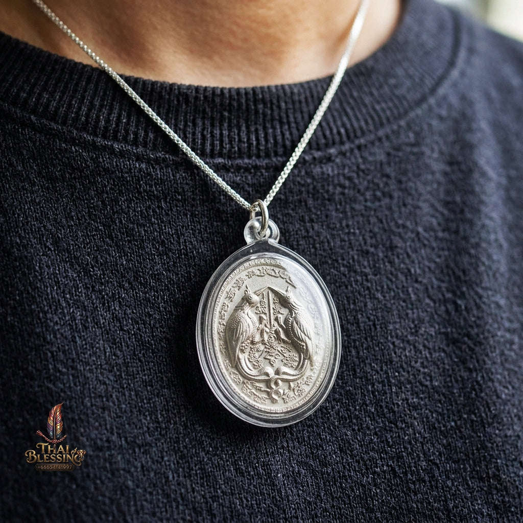 Authentic Thai Twin Salika & Junk Ship Amulet "Sa Rika Khu BE 2561" - Silver Plated Wealth & Charm Medallion - Consecrated by Kruba Krissana Wat Weluwan (3.5x3.0cm) Thai Blessing Co By RURUECHA