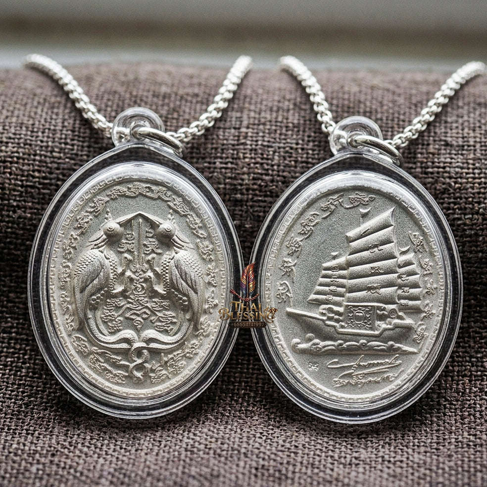 Authentic Thai Twin Salika & Junk Ship Amulet "Sa Rika Khu BE 2561" - Silver Plated Wealth & Charm Medallion - Consecrated by Kruba Krissana Wat Weluwan (3.5x3.0cm) Thai Blessing Co By RURUECHA