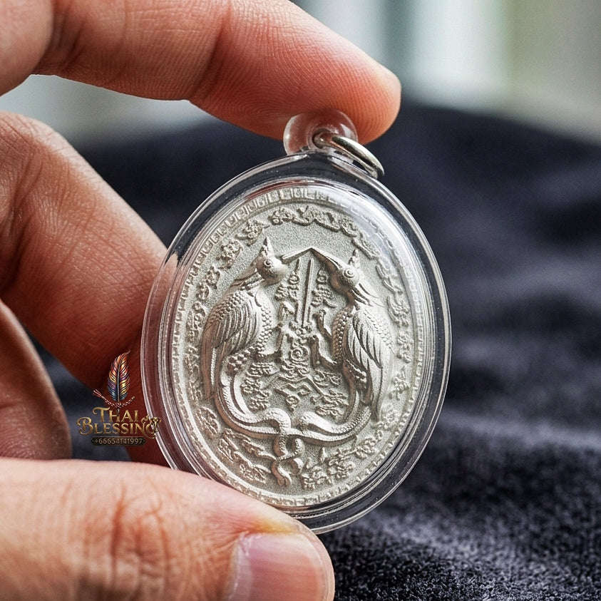 Authentic Thai Twin Salika & Junk Ship Amulet "Sa Rika Khu BE 2561" - Silver Plated Wealth & Charm Medallion - Consecrated by Kruba Krissana Wat Weluwan (3.5x3.0cm) Thai Blessing Co By RURUECHA