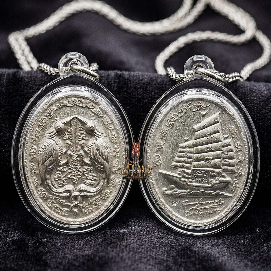 Authentic Thai Twin Salika & Junk Ship Amulet "Sa Rika Khu BE 2561" - Silver Plated Wealth & Charm Medallion - Consecrated by Kruba Krissana Wat Weluwan (3.5x3.0cm) Thai Blessing Co By RURUECHA