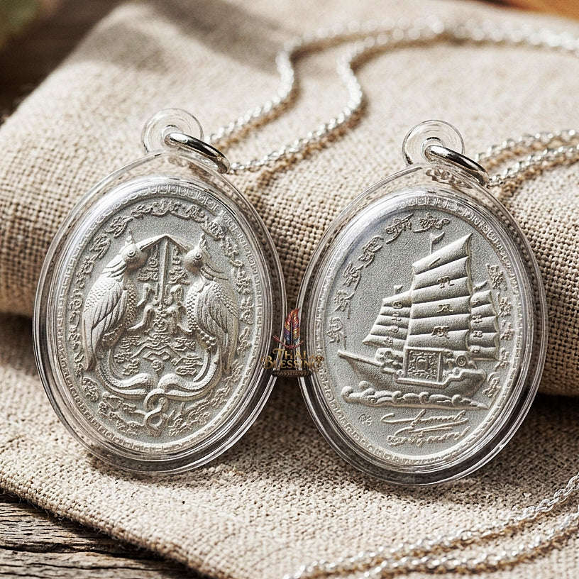 Authentic Thai Twin Salika & Junk Ship Amulet "Sa Rika Khu BE 2561" - Silver Plated Wealth & Charm Medallion - Consecrated by Kruba Krissana Wat Weluwan (3.5x3.0cm) Thai Blessing Co By RURUECHA