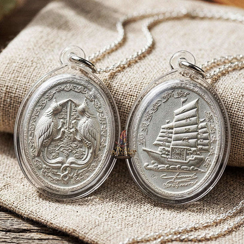 Authentic Thai Twin Salika & Junk Ship Amulet "Sa Rika Khu BE 2561" - Silver Plated Wealth & Charm Medallion - Consecrated by Kruba Krissana Wat Weluwan (3.5x3.0cm) Thai Blessing Co By RURUECHA