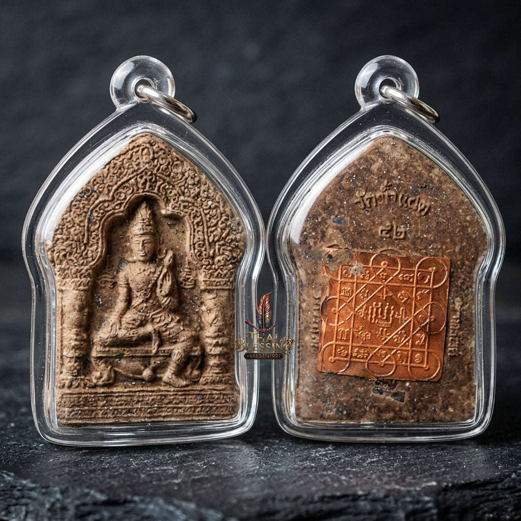 Authentic Thai Wealth Amulet "Khun Phaen Chao Sap BE 2542" - Sacred 108 Herbs & Lek Lai Powder Small Mold with Copper Yantra Sheet Thai Blessing Co By RURUECHA