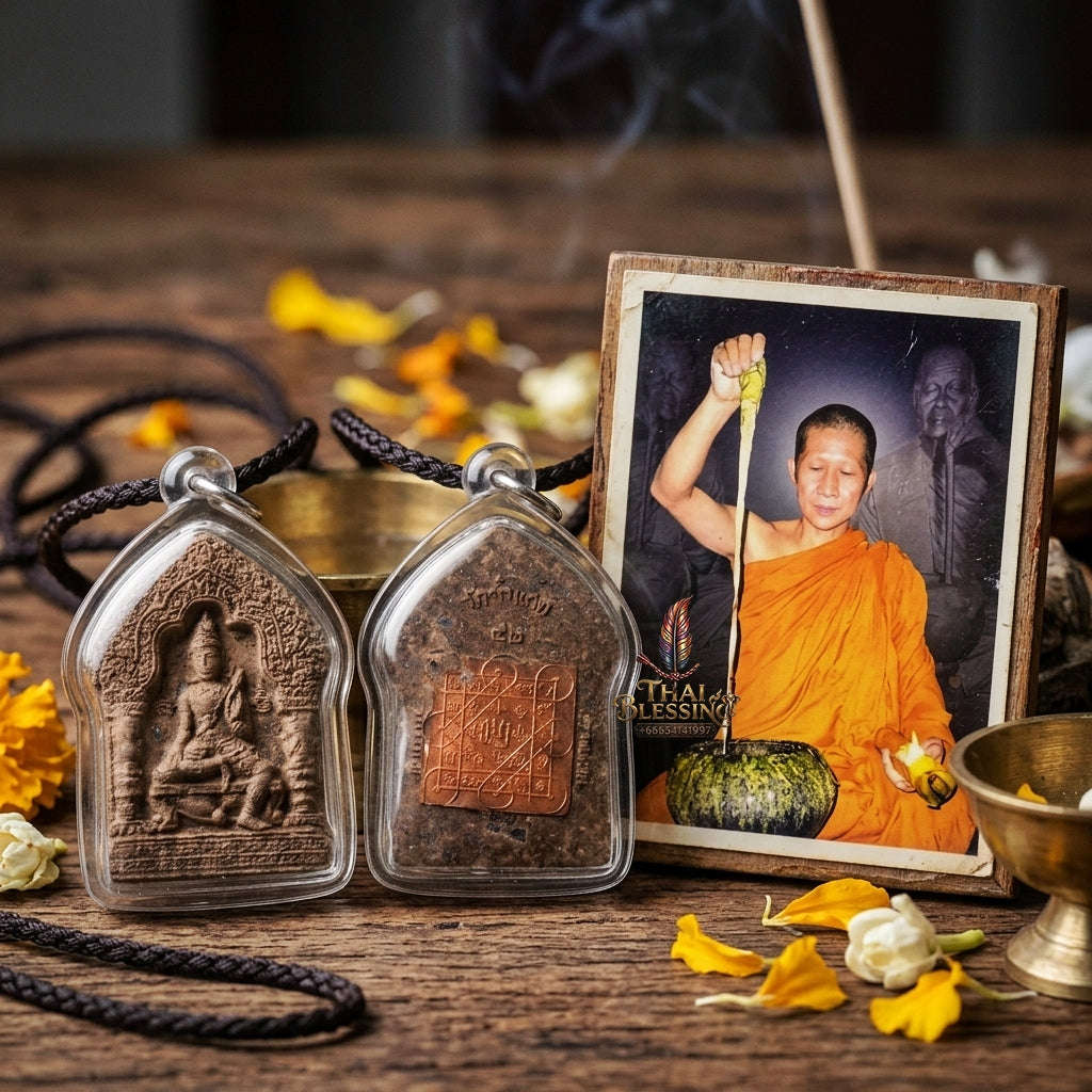Authentic Thai Wealth Amulet "Khun Phaen Chao Sap BE 2542" - Sacred 108 Herbs & Lek Lai Powder Small Mold with Copper Yantra Sheet Thai Blessing Co By RURUECHA