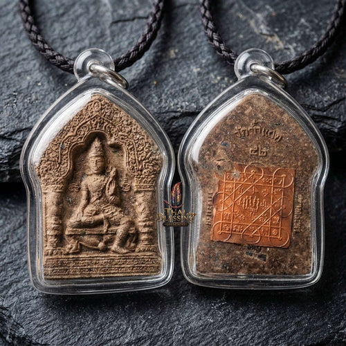 Authentic Thai Wealth Amulet "Khun Phaen Chao Sap BE 2542" - Sacred 108 Herbs & Lek Lai Powder Small Mold with Copper Yantra Sheet Thai Blessing Co By RURUECHA