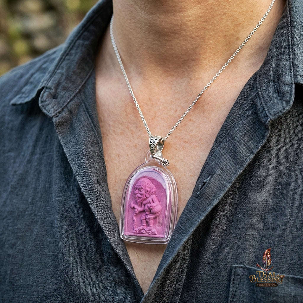 Authentic Thai Wealth Amulet "Ta Thao Chuchok Kho Ngoen Lan BE 2561" - Magenta Pink Raja Chok Sacred Powder & Gold Takrut Wealth Beggar Talisman Thai Blessing Co By RURUECHA