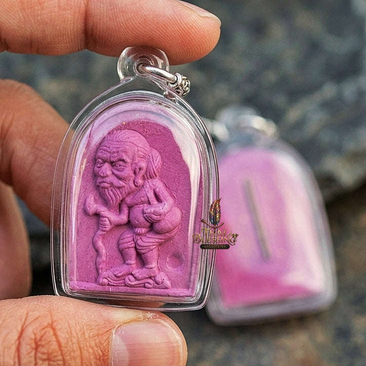 Authentic Thai Wealth Amulet "Ta Thao Chuchok Kho Ngoen Lan BE 2561" - Magenta Pink Raja Chok Sacred Powder & Gold Takrut Wealth Beggar Talisman Thai Blessing Co By RURUECHA