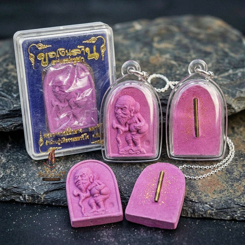 Authentic Thai Wealth Amulet "Ta Thao Chuchok Kho Ngoen Lan BE 2561" - Magenta Pink Raja Chok Sacred Powder & Gold Takrut Wealth Beggar Talisman Thai Blessing Co By RURUECHA