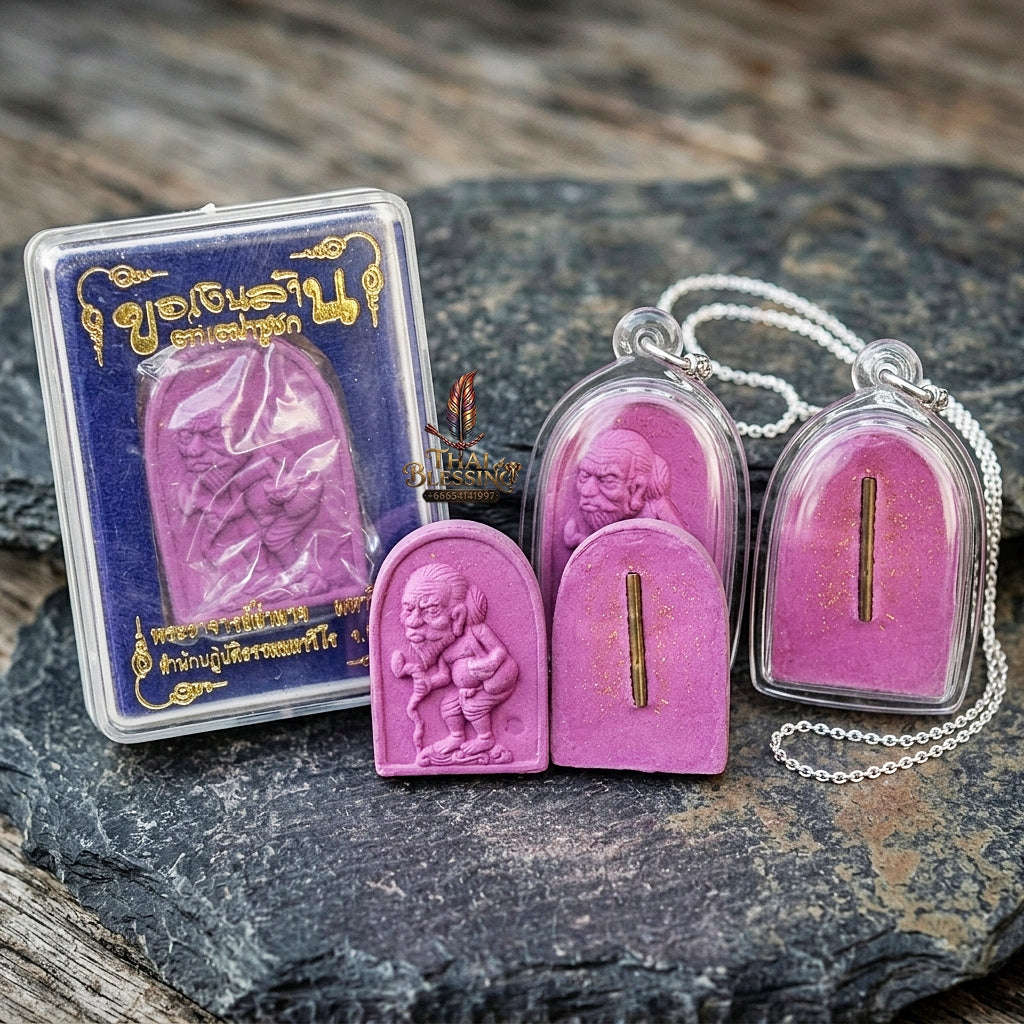 Authentic Thai Wealth Amulet "Ta Thao Chuchok Kho Ngoen Lan BE 2561" - Magenta Pink Raja Chok Sacred Powder & Gold Takrut Wealth Beggar Talisman Thai Blessing Co By RURUECHA