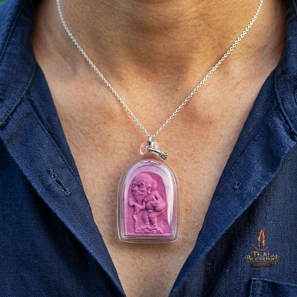Authentic Thai Wealth Amulet "Ta Thao Chuchok Kho Ngoen Lan BE 2561" - Magenta Pink Raja Chok Sacred Powder & Gold Takrut Wealth Beggar Talisman Thai Blessing Co By RURUECHA