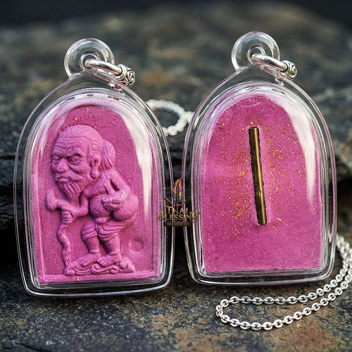 Authentic Thai Wealth Amulet "Ta Thao Chuchok Kho Ngoen Lan BE 2561" - Magenta Pink Raja Chok Sacred Powder & Gold Takrut Wealth Beggar Talisman Thai Blessing Co By RURUECHA