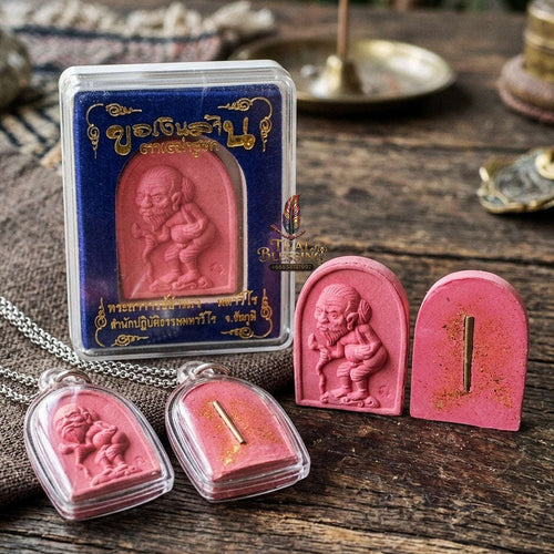 Authentic Thai Wealth Amulet "Ta Thao Chuchok Kho Ngoen Lan BE 2561" - Pink Raja Chok Sacred Powder & Gold Takrut Wealth Beggar Talisman Thai Blessing Co By RURUECHA