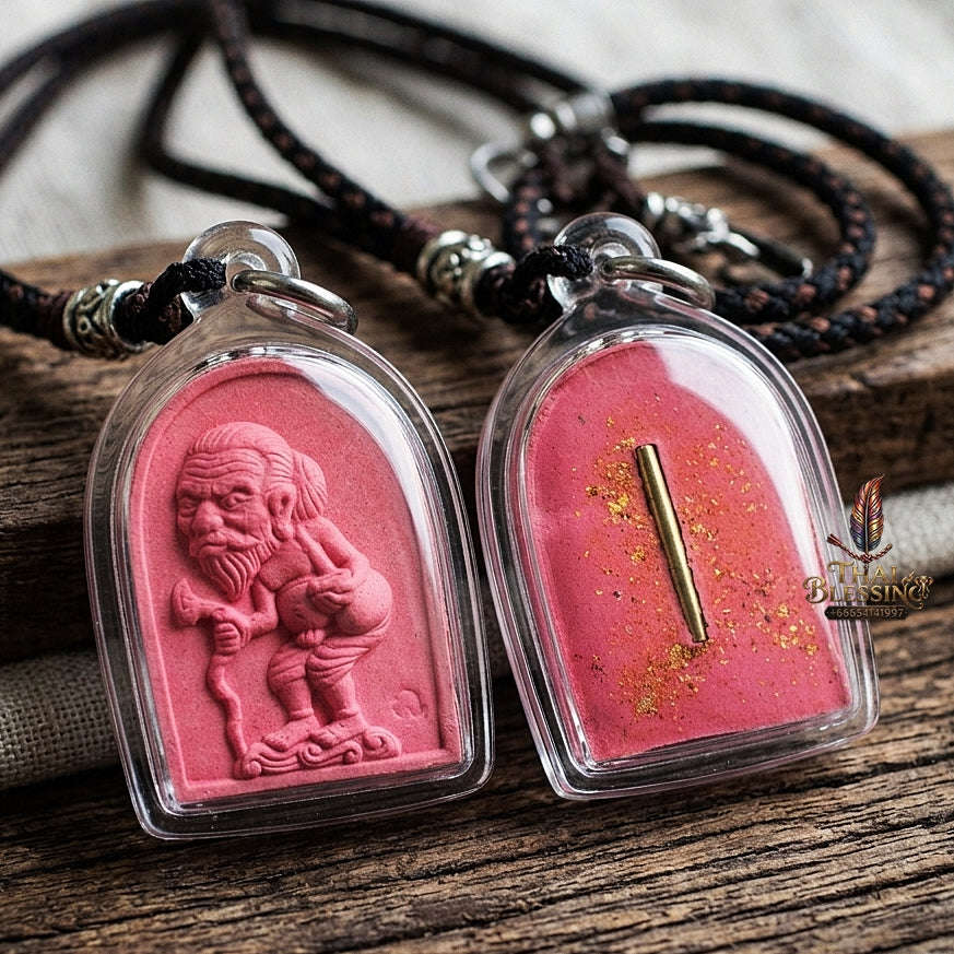 Authentic Thai Wealth Amulet "Ta Thao Chuchok Kho Ngoen Lan BE 2561" - Pink Raja Chok Sacred Powder & Gold Takrut Wealth Beggar Talisman Thai Blessing Co By RURUECHA