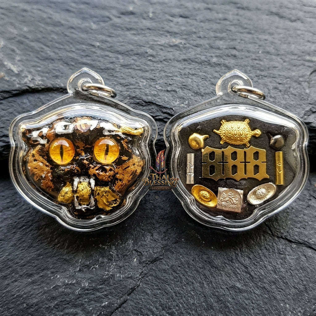 Authentic Thai Wealth-Beckoning Cat Amulet "Maew Riak Sap Amber-Eyed Dark Sacred Powder Pendant" Consecrated by Ajarn Sat at Ruen Sat Setthi B.E. 2569 (2026)
