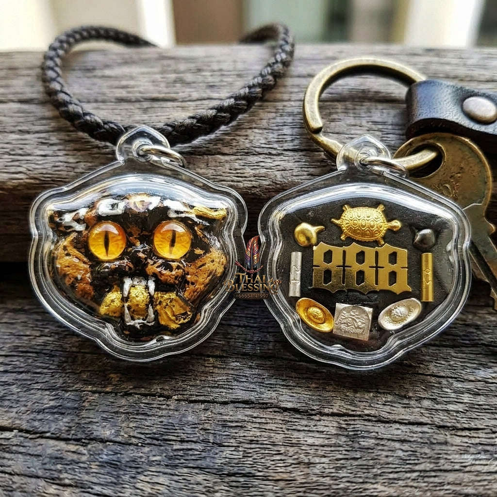 Authentic Thai Wealth-Beckoning Cat Amulet "Maew Riak Sap Amber-Eyed Dark Sacred Powder Pendant" Consecrated by Ajarn Sat at Ruen Sat Setthi B.E. 2569 (2026)