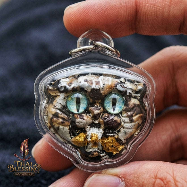 Authentic Thai Wealth-Beckoning Cat Amulet "Maew Riak Sap Aqua-Eyed Sacred Powder Pendant" Consecrated by Ajarn Sat at Ruen Sat Setthi B.E. 2569 (2026)