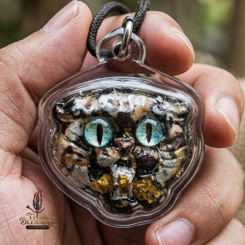 Authentic Thai Wealth-Beckoning Cat Amulet "Maew Riak Sap Aqua-Eyed Sacred Powder Pendant" Consecrated by Ajarn Sat at Ruen Sat Setthi B.E. 2569 (2026)