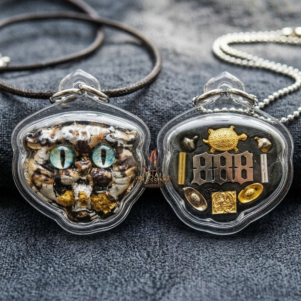 Authentic Thai Wealth-Beckoning Cat Amulet "Maew Riak Sap Aqua-Eyed Sacred Powder Pendant" Consecrated by Ajarn Sat at Ruen Sat Setthi B.E. 2569 (2026)