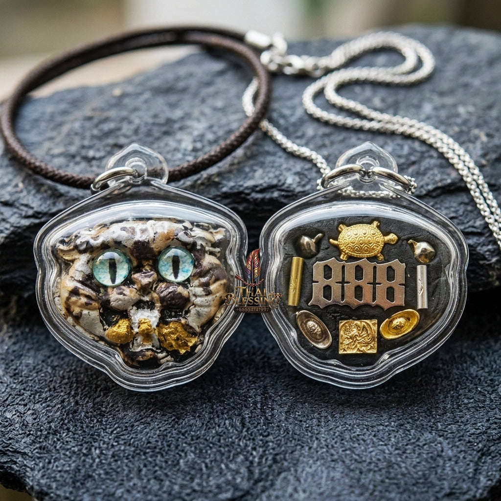 Authentic Thai Wealth-Beckoning Cat Amulet "Maew Riak Sap Aqua-Eyed Sacred Powder Pendant" Consecrated by Ajarn Sat at Ruen Sat Setthi B.E. 2569 (2026)