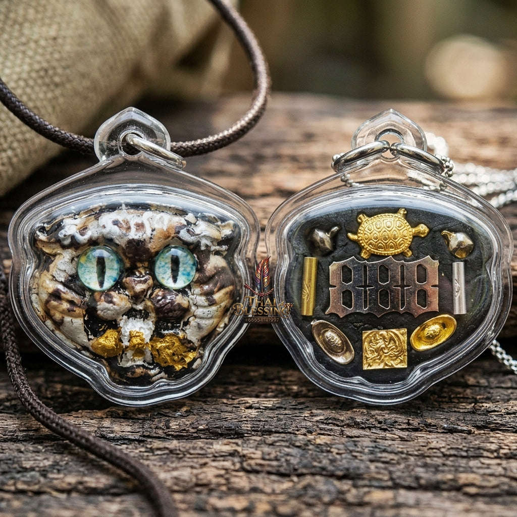 Authentic Thai Wealth-Beckoning Cat Amulet "Maew Riak Sap Aqua-Eyed Sacred Powder Pendant" Consecrated by Ajarn Sat at Ruen Sat Setthi B.E. 2569 (2026)
