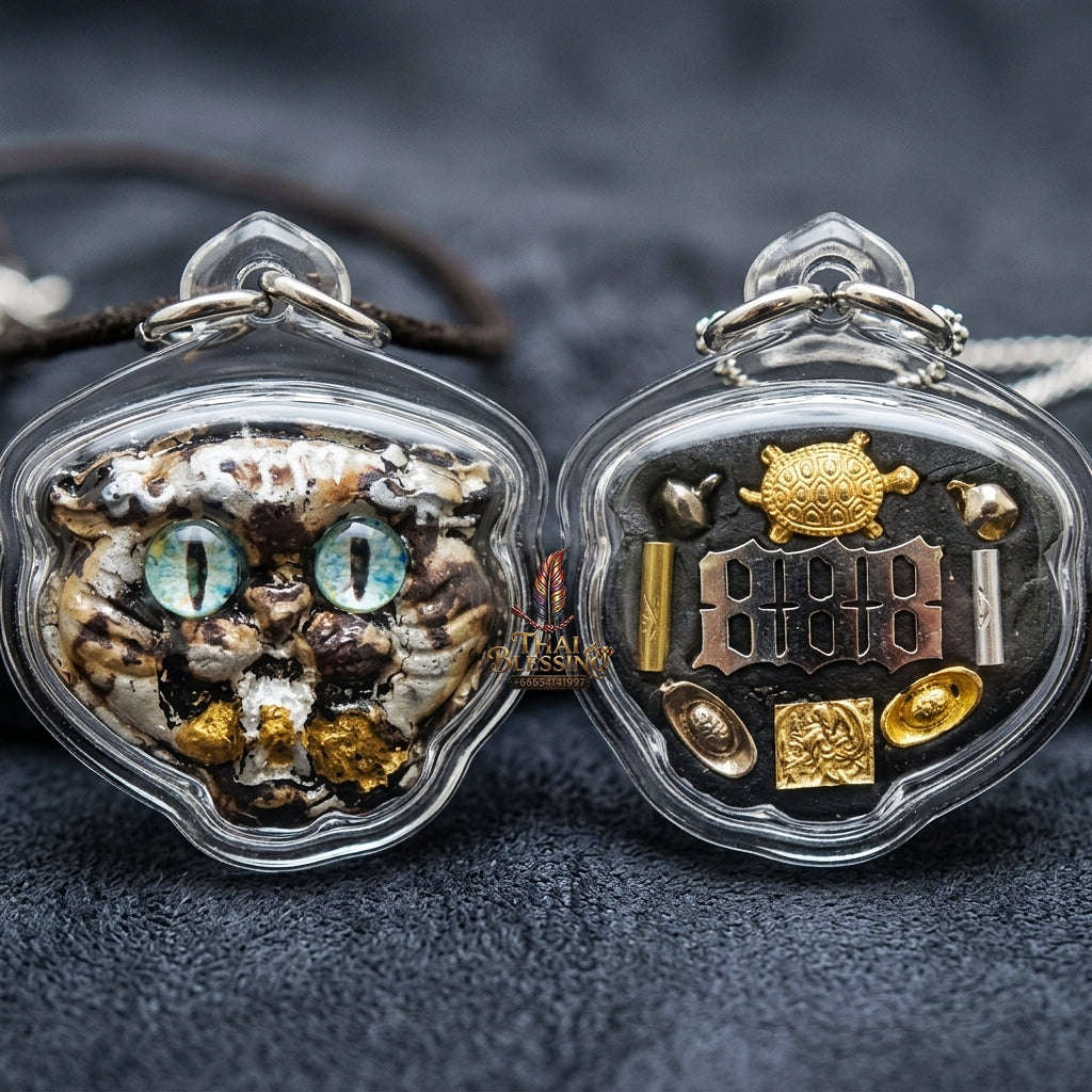 Authentic Thai Wealth-Beckoning Cat Amulet "Maew Riak Sap Aqua-Eyed Sacred Powder Pendant" Consecrated by Ajarn Sat at Ruen Sat Setthi B.E. 2569 (2026)