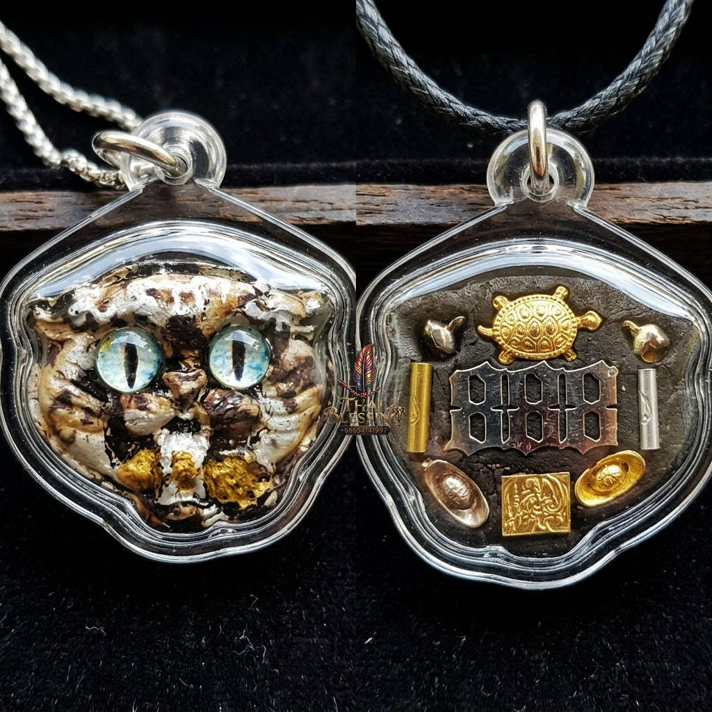 Authentic Thai Wealth-Beckoning Cat Amulet "Maew Riak Sap Aqua-Eyed Sacred Powder Pendant" Consecrated by Ajarn Sat at Ruen Sat Setthi B.E. 2569 (2026)