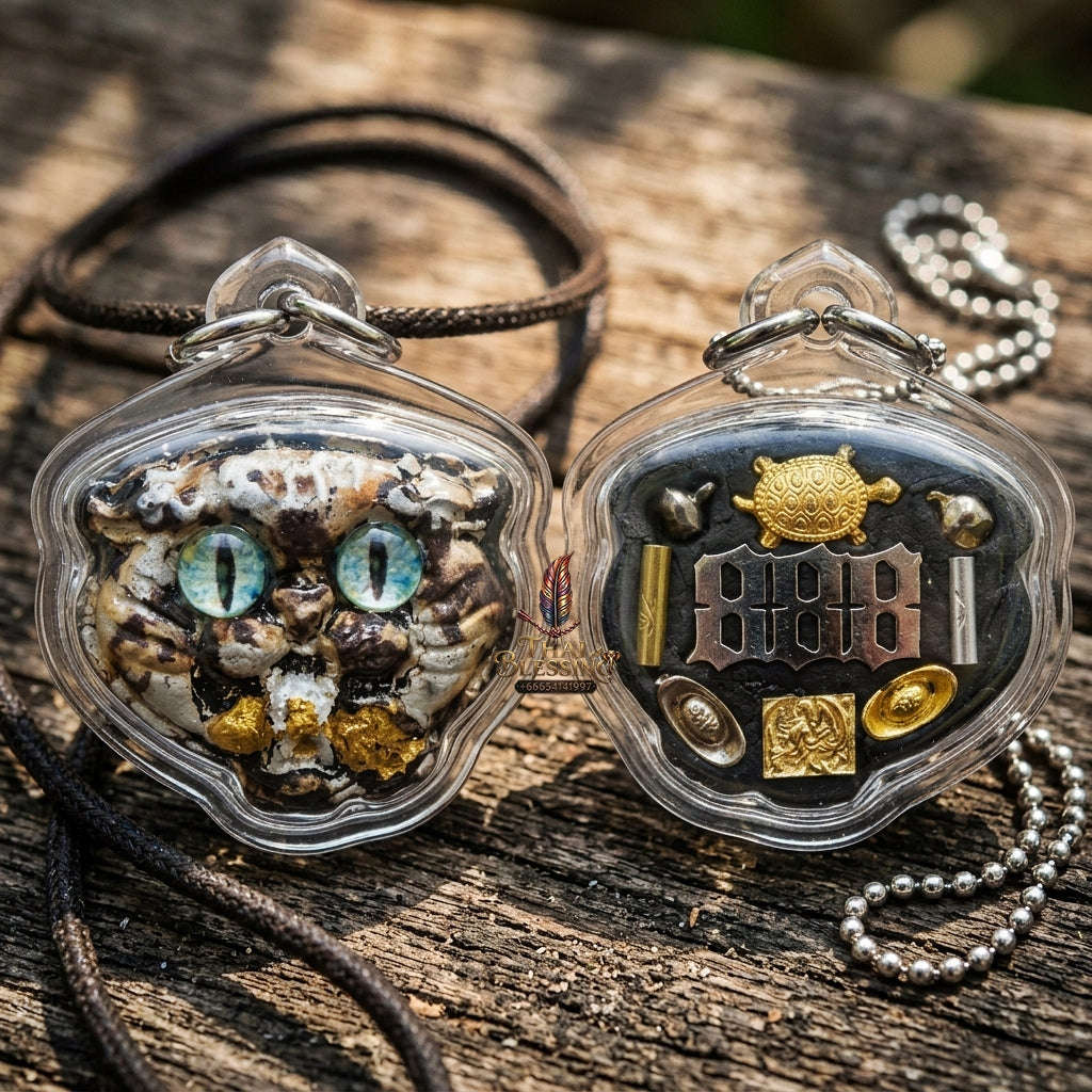 Authentic Thai Wealth-Beckoning Cat Amulet "Maew Riak Sap Aqua-Eyed Sacred Powder Pendant" Consecrated by Ajarn Sat at Ruen Sat Setthi B.E. 2569 (2026)
