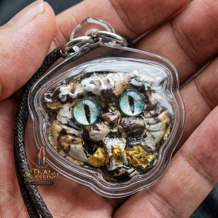 Authentic Thai Wealth-Beckoning Cat Amulet "Maew Riak Sap Aqua-Eyed Sacred Powder Pendant" Consecrated by Ajarn Sat at Ruen Sat Setthi B.E. 2569 (2026)