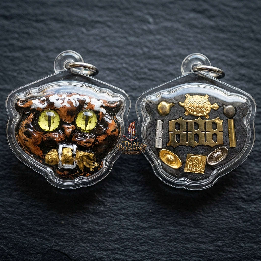 Authentic Thai Wealth-Beckoning Cat Amulet "Maew Riak Sap Calico Dark Sacred Powder Pendant" Consecrated by Ajarn Sat at Ruen Sat Setthi B.E. 2569 (2026)