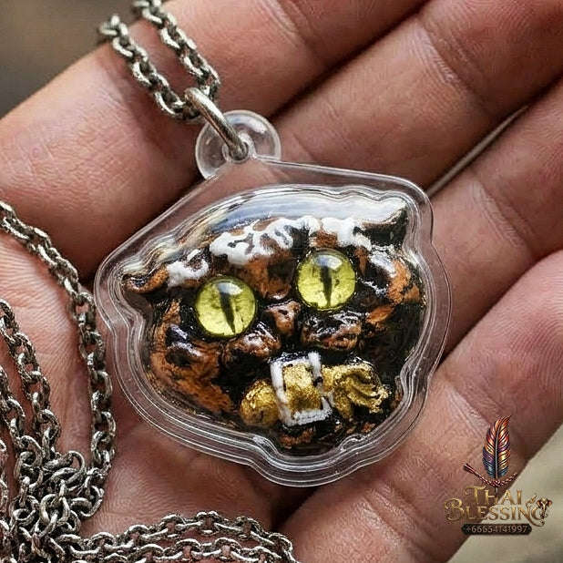 Authentic Thai Wealth-Beckoning Cat Amulet "Maew Riak Sap Calico Dark Sacred Powder Pendant" Consecrated by Ajarn Sat at Ruen Sat Setthi B.E. 2569 (2026)