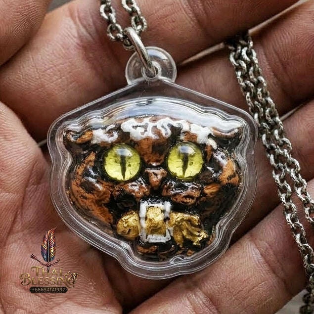 Authentic Thai Wealth-Beckoning Cat Amulet "Maew Riak Sap Calico Dark Sacred Powder Pendant" Consecrated by Ajarn Sat at Ruen Sat Setthi B.E. 2569 (2026)