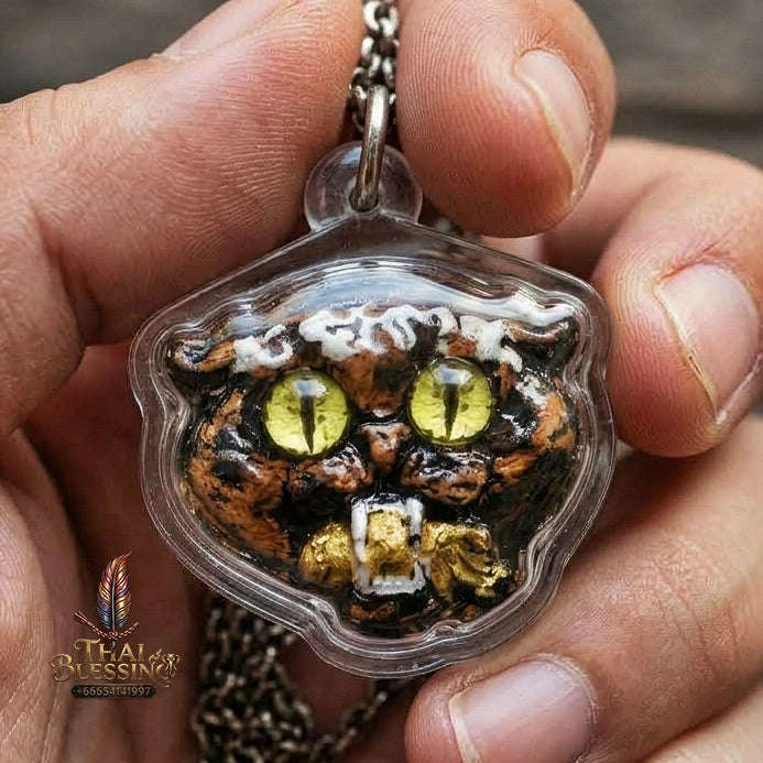 Authentic Thai Wealth-Beckoning Cat Amulet "Maew Riak Sap Calico Dark Sacred Powder Pendant" Consecrated by Ajarn Sat at Ruen Sat Setthi B.E. 2569 (2026)
