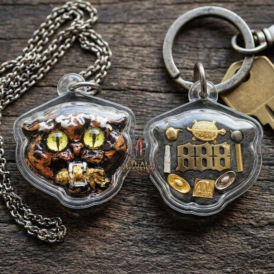 Authentic Thai Wealth-Beckoning Cat Amulet "Maew Riak Sap Calico Dark Sacred Powder Pendant" Consecrated by Ajarn Sat at Ruen Sat Setthi B.E. 2569 (2026)