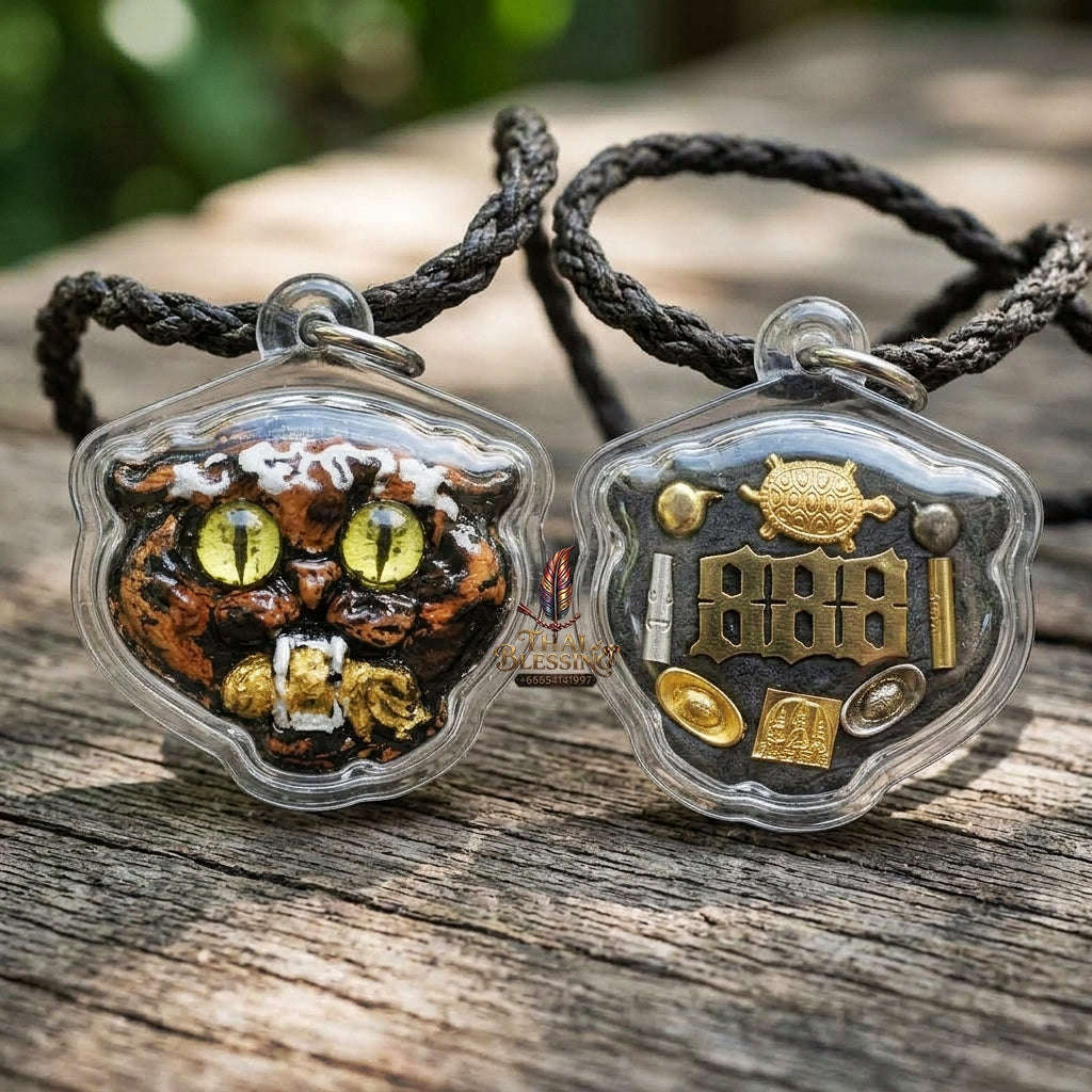 Authentic Thai Wealth-Beckoning Cat Amulet "Maew Riak Sap Calico Dark Sacred Powder Pendant" Consecrated by Ajarn Sat at Ruen Sat Setthi B.E. 2569 (2026)