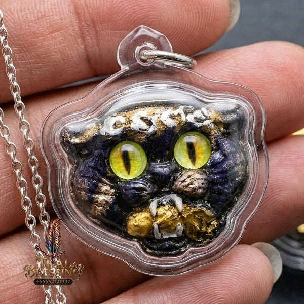 Authentic Thai Wealth-Beckoning Cat Amulet "Maew Riak Sap Cat-Eyed Yellow Dark Purple Powder Pendant" Consecrated by Ajarn Sat at Ruen Sat Setthi B.E. 2569 (2026) Thai Blessing Co By RURUECHA