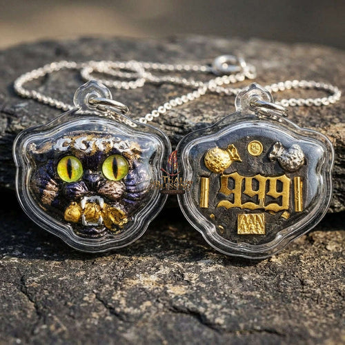 Authentic Thai Wealth-Beckoning Cat Amulet "Maew Riak Sap Cat-Eyed Yellow Dark Purple Powder Pendant" Consecrated by Ajarn Sat at Ruen Sat Setthi B.E. 2569 (2026) Thai Blessing Co By RURUECHA
