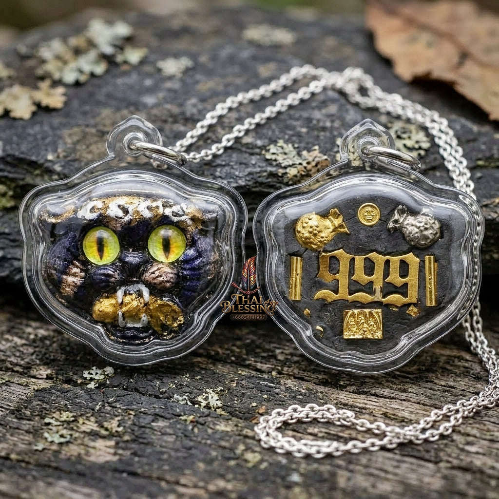 Authentic Thai Wealth-Beckoning Cat Amulet "Maew Riak Sap Cat-Eyed Yellow Dark Purple Powder Pendant" Consecrated by Ajarn Sat at Ruen Sat Setthi B.E. 2569 (2026) Thai Blessing Co By RURUECHA
