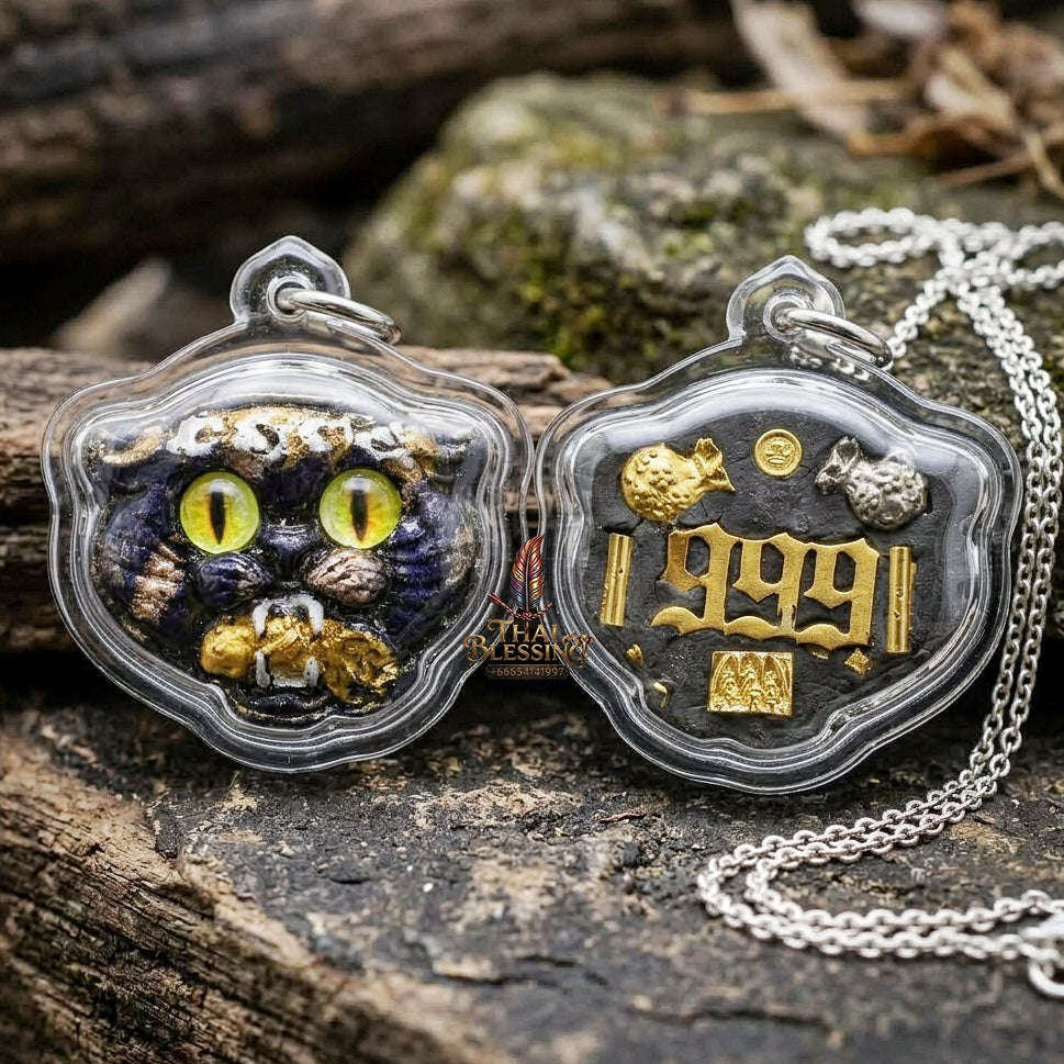 Authentic Thai Wealth-Beckoning Cat Amulet "Maew Riak Sap Cat-Eyed Yellow Dark Purple Powder Pendant" Consecrated by Ajarn Sat at Ruen Sat Setthi B.E. 2569 (2026) Thai Blessing Co By RURUECHA