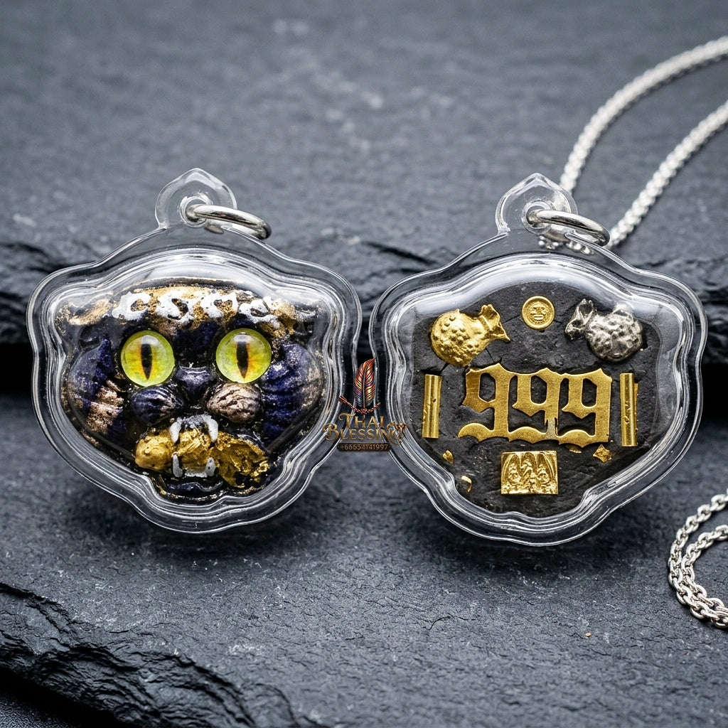 Authentic Thai Wealth-Beckoning Cat Amulet "Maew Riak Sap Cat-Eyed Yellow Dark Purple Powder Pendant" Consecrated by Ajarn Sat at Ruen Sat Setthi B.E. 2569 (2026) Thai Blessing Co By RURUECHA