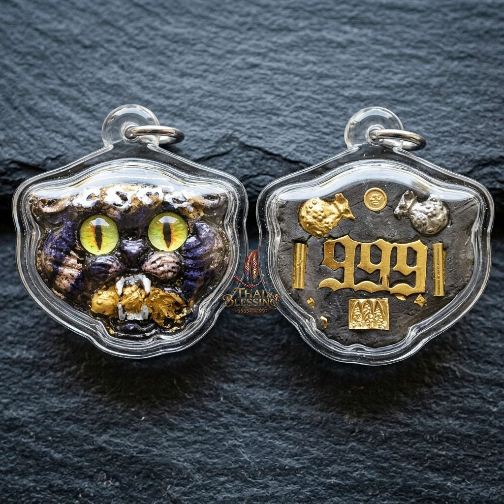 Authentic Thai Wealth-Beckoning Cat Amulet "Maew Riak Sap Cat-Eyed Yellow Dark Purple Powder Pendant" Consecrated by Ajarn Sat at Ruen Sat Setthi B.E. 2569 (2026) Thai Blessing Co By RURUECHA