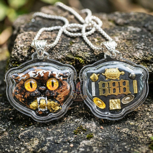 Authentic Thai Wealth-Beckoning Cat Amulet "Maew Riak Sap Golden-Amber Eyed Dark Powder Pendant with Silver Bail" Consecrated by Ajarn Sat at Ruen Sat Setthi B.E. 2569 (2026) Thai Blessing Co By RURUECHA